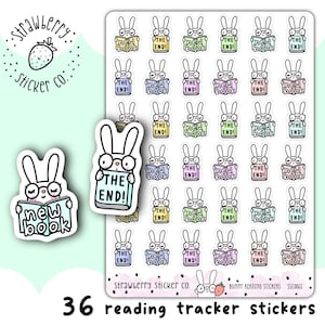 May include: 36 colorful bunny reading tracker stickers. The stickers feature a bunny holding a book with the text "new book" or "the end!" in different colors.