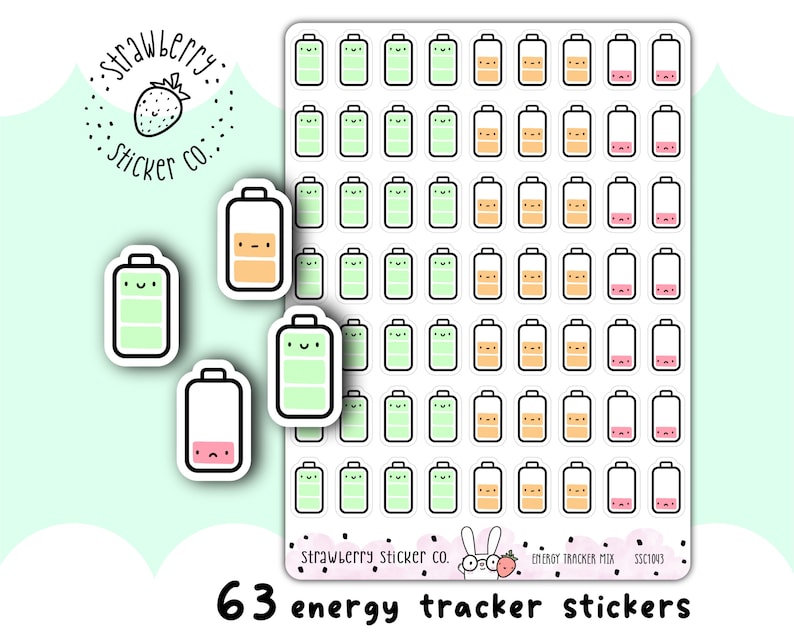 May include: 63 energy tracker stickers featuring cute battery illustrations in various states of charge. The stickers are white with black outlines and feature green, orange, and pink colors to represent different energy levels.