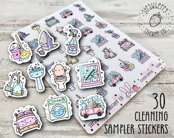 30 Cute Cleaning Icons Sampler Sheet Kawaii Planner Stickers SSC1070