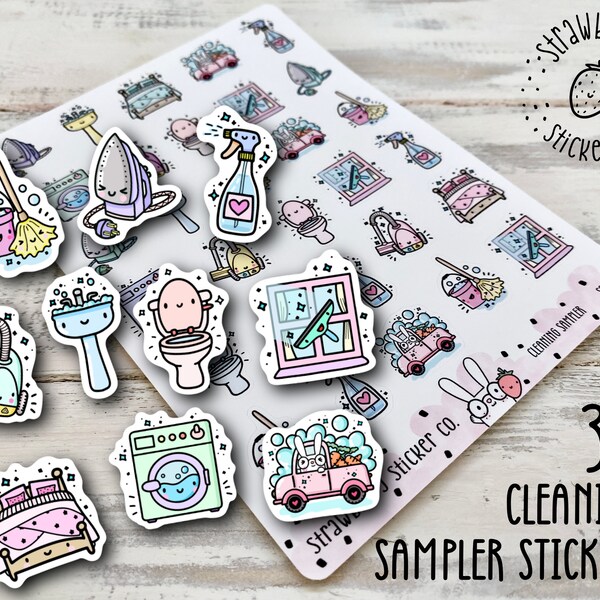 30 Cute Cleaning Icons Sampler Sheet Kawaii Planner Stickers SSC1070