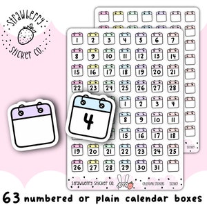 May include: A sheet of 63 colourful calendar stickers with numbers 1 through 31. The stickers are in a variety of pastel colours, including pink, blue, yellow, and green. Some of the stickers have a simple calendar box design, while others have a more detailed design with a small strawberry on the bottom.
