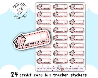 May include: Twenty-four pink and white credit card bill tracker stickers with a strawberry design. Each sticker has a space to write the name of the credit card and a cute heart.