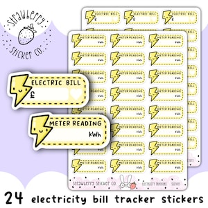 May include: A sheet of 24 yellow and white electricity bill tracker stickers with a lightning bolt design. The stickers are labeled "Electric Bill" and "Meter Reading" with a space for writing in the reading.