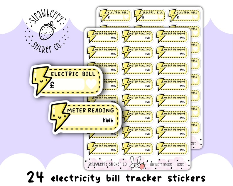 May include: A sheet of 24 yellow and white electricity bill tracker stickers with a lightning bolt design. The stickers are labeled "Electric Bill" and "Meter Reading" with a space for writing in the reading.