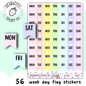 May include: A sheet of 56 colourful flag stickers with the days of the week written on them. The stickers are in pastel colours and have a cute strawberry design.