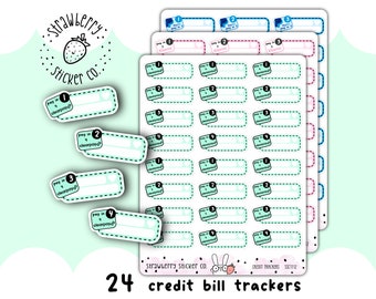 May include: Set of 24 pastel green credit bill trackers with a strawberry sticker co. logo. Each sticker has a dashed border and says "Pay in 4 clearpay" with a number 1-4 in a circle. The stickers are designed to help track credit card bills.