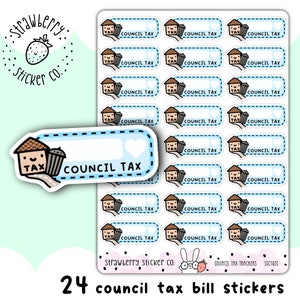 May include: A sheet of 24 council tax bill stickers. Each sticker features a cartoon house with a bin and the words "Council Tax". The stickers are white with blue and brown accents.