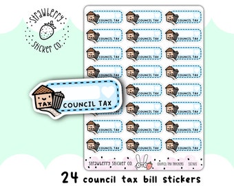 May include: A sheet of 24 council tax bill stickers. Each sticker features a cartoon house with a bin and the words "Council Tax". The stickers are white with blue and brown accents.