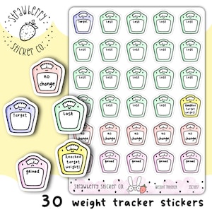 May include: Thirty weight tracker stickers featuring a cartoon scale design. The stickers are in various colors, including pink, yellow, green, and blue. The stickers have different text, including "lost", "gained", "no change", "reached target weight", and "target".