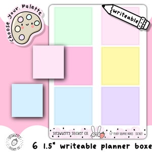 May include: Six 1.5 inch square planner boxes with writeable surfaces. The boxes are in pastel colours: light green, pink, yellow, light blue, and lavender. The boxes are surrounded by a white border and a black and white polka dot pattern. The text "Strawberry Sticker Co." and "1.5" PLAIN SQUARE BOXES SSC3027" are printed on the bottom of the sheet.