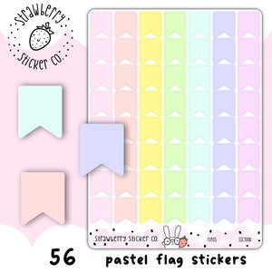 May include: A sheet of 56 pastel flag stickers in yellow, green, blue, and purple. The stickers are arranged in four rows of 14 stickers each. The sheet is labelled "Strawberry Sticker Co." and "pastel flag stickers".