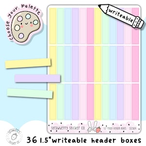 May include: 36 pastel coloured 1.5 inch writable header boxes with a cute strawberry sticker design. The boxes are ideal for organising and labelling your planner or journal.