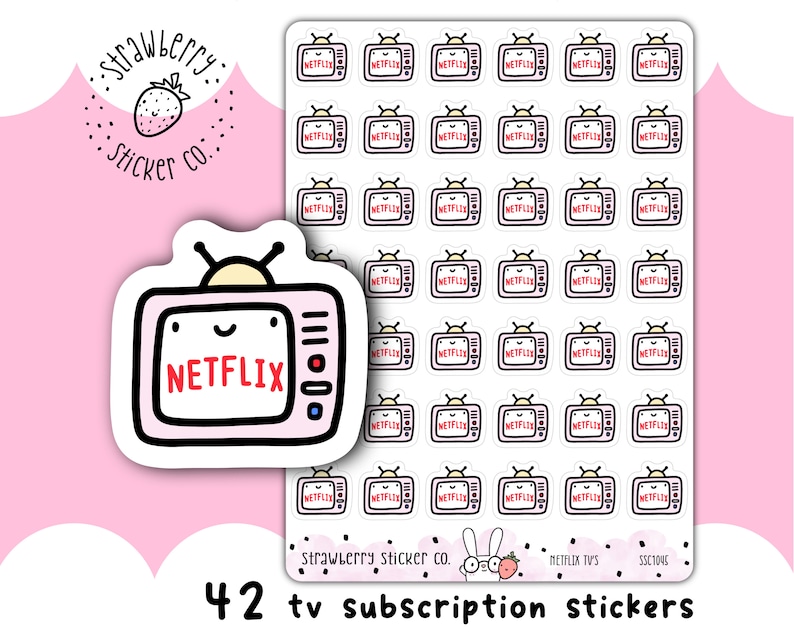 Puede incluir: Una hoja de 42 pegatinas rosas y blancas con un televisor de dibujos animados con la palabra "NETFLIX" en la pantalla. Las pegatinas est&aacute;n dispuestas en forma de cuadr&iacute;cula y son perfectas para a&ntilde;adir un toque divertido a tu agenda o diario.