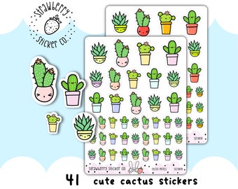 41 Cute Cactus Kawaii Succulent Planner Stickers Pastel or Bright SSC1001