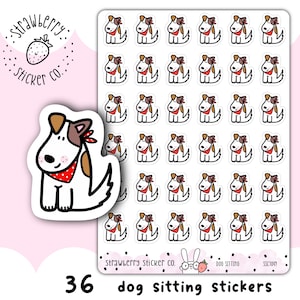 May include: A sheet of 36 dog sitting stickers. Each sticker features a cartoon dog wearing a red bandana. The stickers are white with black outlines. The sheet is labelled "Strawberry Sticker Co." and "Dog Sitting".