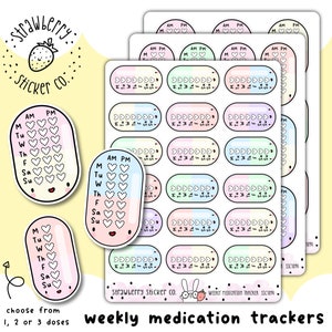 May include: Pastel-coloured weekly medication tracker stickers. The stickers are pill-shaped and have spaces for AM/PM and daily heart-shaped check boxes. The text "choose from 1, 2 or 3 doses" is included. The stickers are from Strawberry Sticker Co.