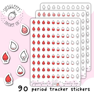 May include: A set of 90 period tracker stickers featuring cute cartoon blood drops in various stages of the menstrual cycle. The stickers are white with red accents and include the words "Start", "Due", and "End".