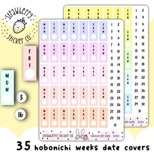 May include: Planner stickers with pastel colour blocks for each day of the week. The stickers include date covers and weekly layouts. The text "35 hobonichi weeks date covers" is at the bottom. The Strawberry Sticker Co. logo is in the upper left.