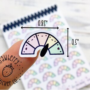 May include: A sheet of rainbow-colored gauge stickers, each measuring 0.85 inches by 0.5 inches. The stickers feature a circular gauge with a needle pointing to a level on the gauge. The gauge is divided into sections of different colors, including pink, yellow, green, and blue.