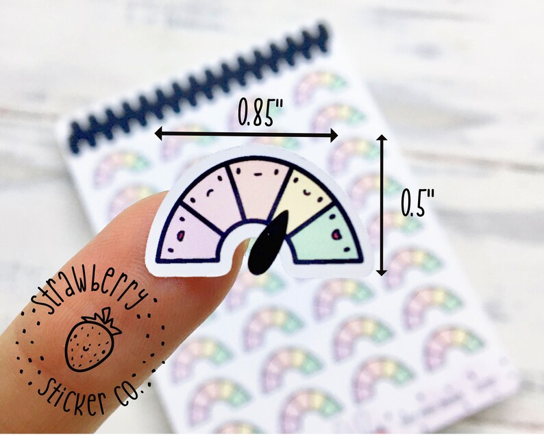 May include: A sheet of rainbow-colored gauge stickers, each measuring 0.85 inches by 0.5 inches. The stickers feature a circular gauge with a needle pointing to a level on the gauge. The gauge is divided into sections of different colors, including pink, yellow, green, and blue.