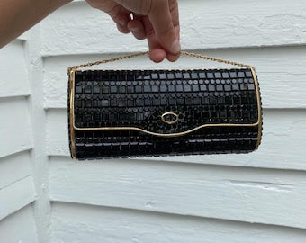 Vintage Black Rhinestone Beaded Clutch with Gold Chain