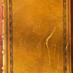 May include: A rectangular book with a tan leather cover featuring a dark brown decorative border pattern. The spine shows raised bands and a small red vertical accent. The leather surface displays a natural grain texture with minor surface wear.
