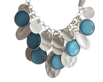 3 x Short matt silver necklace with aqua cats eye and hammered silver discs