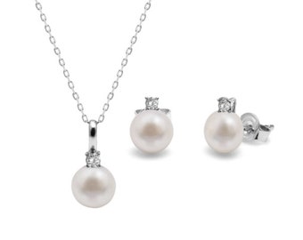 10 pack of Kyoto Pearl Pearl with White Sapphire Matching Earrings & Pendant Set in 925 Silver