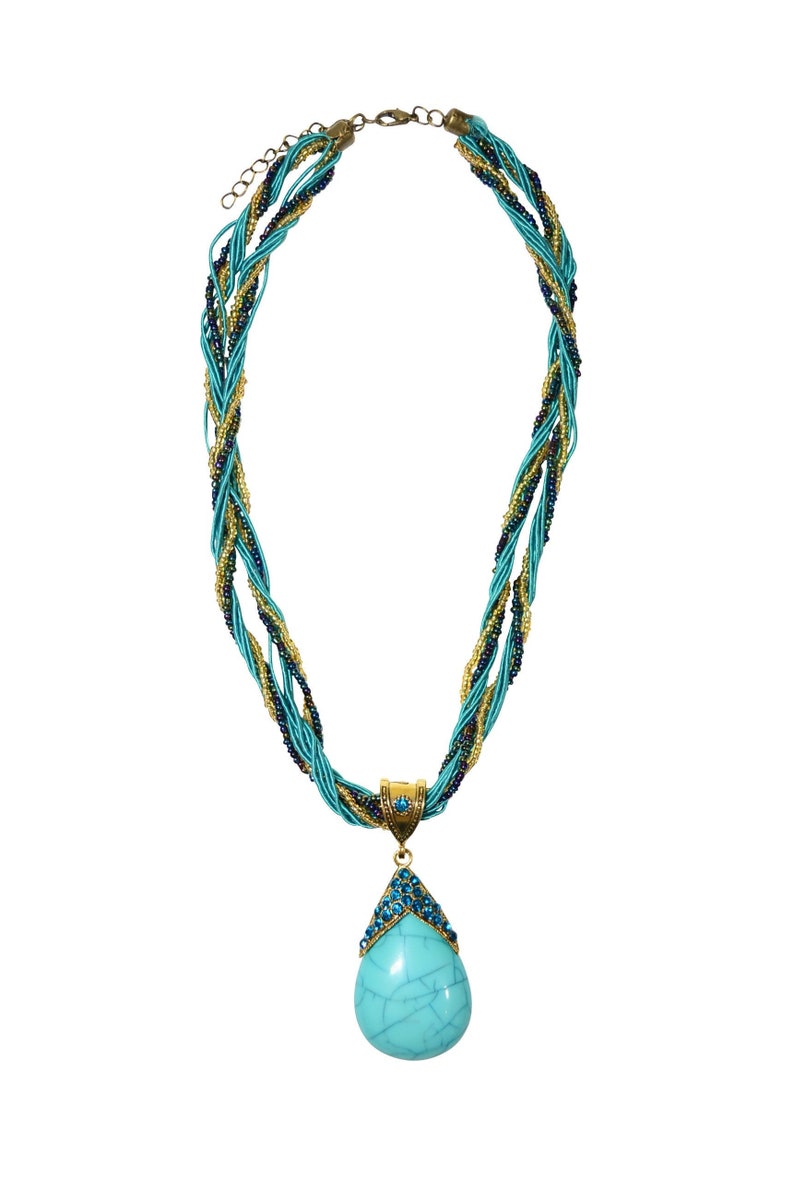 Beaded chain necklace with natural stone tone pendant zdjęcie 1