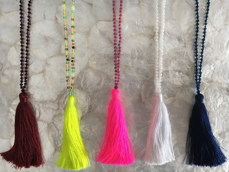 7 x Jaune Citron & Multi Crystal Bali Tassel Collier image 1