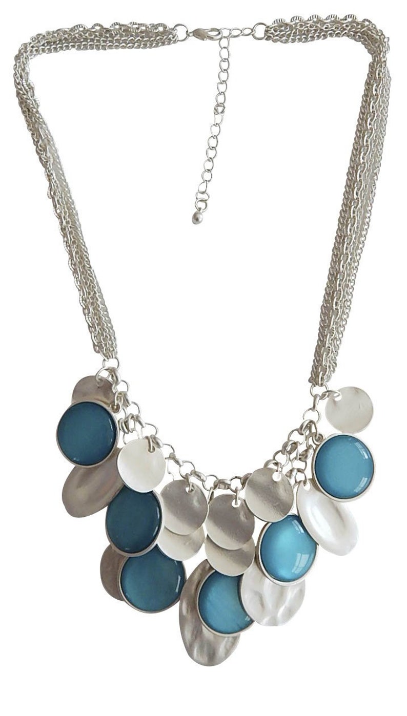 3 x Short matt silver necklace with aqua cats eye and hammered silver discs zdjęcie 1