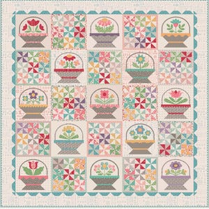 May include: A patchwork quilt featuring a repeating pattern of flower baskets and pinwheel blocks. The baskets are gray with various colorful flowers. The quilt has a scalloped border in a light blue color and a cream background.