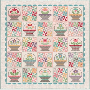 May include: A quilt block pattern with a patchwork design featuring a variety of floral baskets in shades of pink, blue, green, and yellow. The baskets are surrounded by a colorful pinwheel pattern.