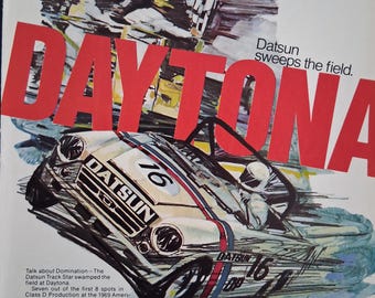 impression publicitaire vintage Datsun Daytona | Déco murale Datsun 2000 Racing 1969