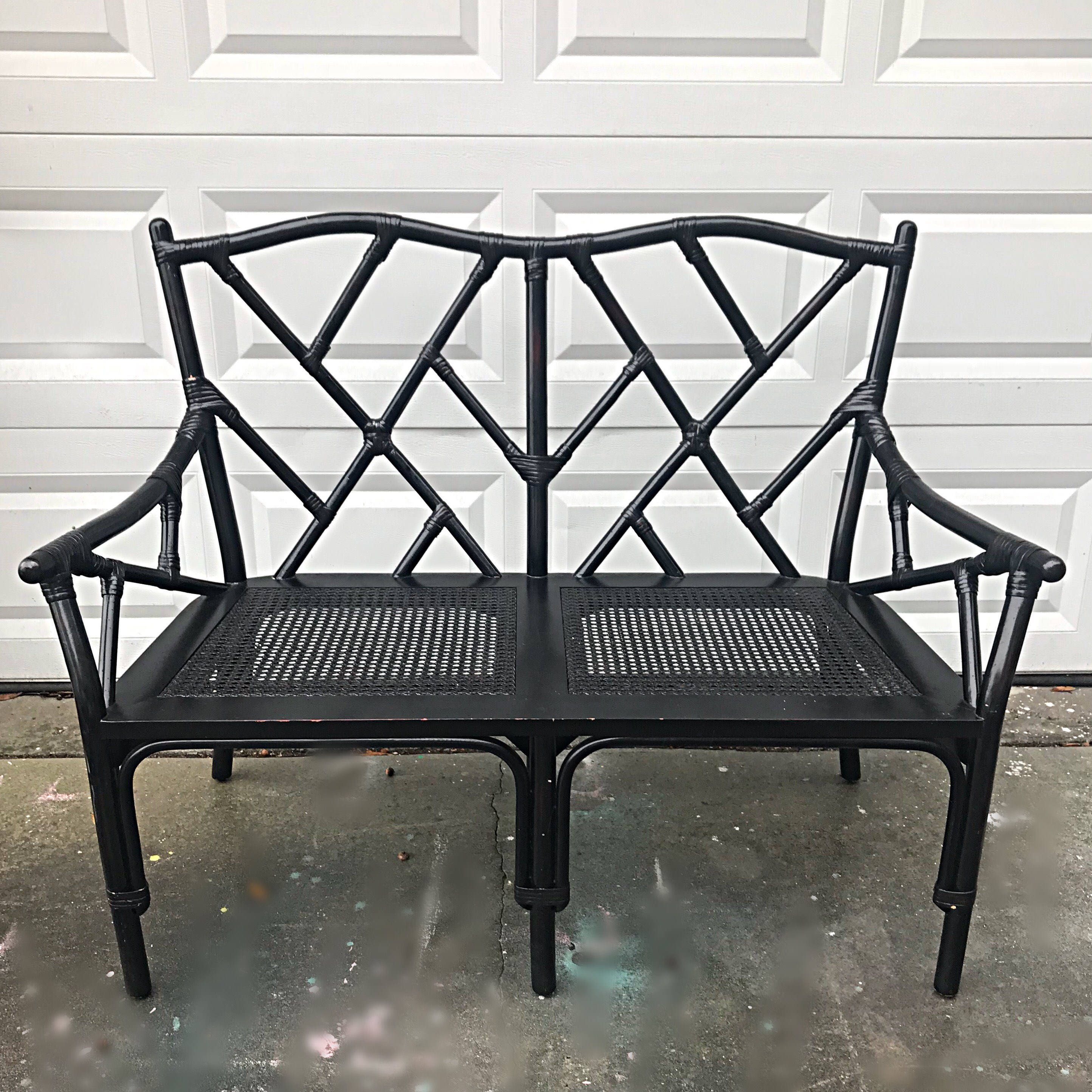 Chinese Chippendale Vintage Rattan Loveseat Bench With Cane Etsy