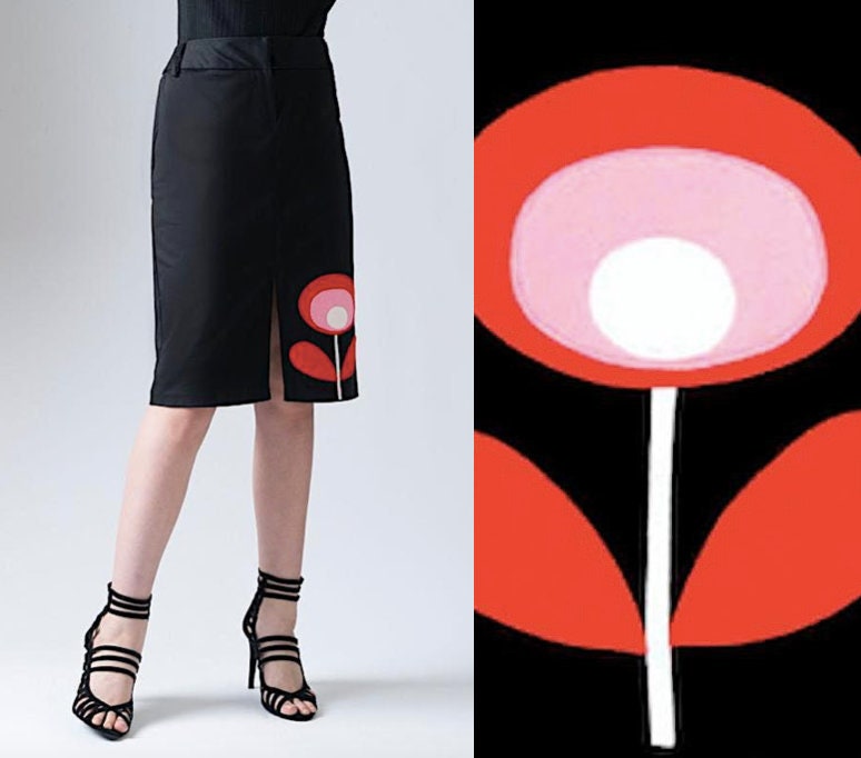 Image of Women's Skirt, Flower Detail, Applique Pencil Ladies Black Graphic Knee Length Skirt