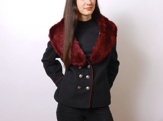 Vintage wool jacket, faux fur collar jacket, fitte