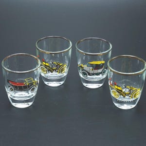 Vintage 1960&#39;s shot glasses, car print glasses, 1960&#39;s shot glasses, shot glasses, multi-colour shot glasses, barware, vintage shot glass