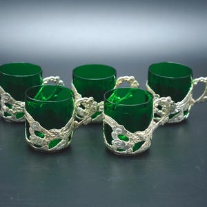 Vintage 1950&#39;s Russian tea glasses, Russian tea set, Russian tea cups, Podstakanniks, tea glasses, green glass cups, tea cups, tea glasses