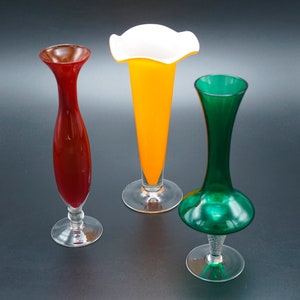 Set of three 1960&#39;s vintage glass vases, glass vase, 1960&#39;s vase, vintage vase, orange glass vase, red glass vase, green glass vase