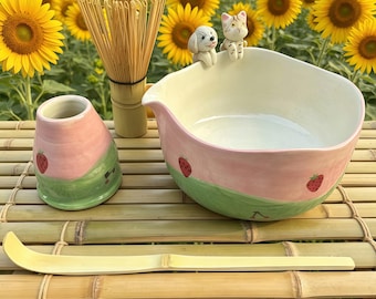 Customized pet figurine matcha bowl, With cats and dogs lying on top of the matcha bowl, Handmade strawberry cherry matcha bowl set