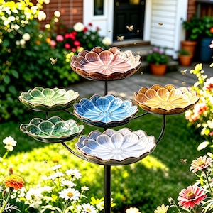 Könnte beinhalten: Eine mehrstöckige Vogeltränke mit sechs blumenförmigen Keramikschalen in Rosa, Grün, Blau und Gelb, die auf einem schwarzen Metallständer angeordnet sind. Jede Schale hat einen gewellten Rand und ein zentrales Blumenmuster auf dünnen Armen.