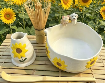 Handmade relief custom pet statue matcha bowl, Personalized matcha bowl set, 500ml matcha bowl, sunflower matcha bowl set