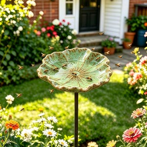 May include: A light green ceramic bird bath shaped like a large leaf with a scalloped edge and brown veining details. The basin is filled with water and is mounted on a thin, dark metal pole, surrounded by numerous honeybees in flight.