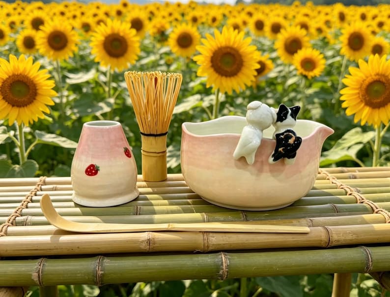 May include: A tea ceremony set with a pink and white ceramic bowl, a bamboo whisk, a strawberry-decorated container, and a bamboo scoop. The bowl has two small figurines. The set is on a bamboo table with a sunflower field in the background.