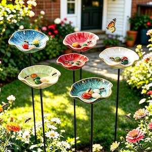 Ceramic bee watering device with socket, Flower shaped pollinator watering station, Butterfly feeder, mini bird bath, 6 colors, Garden gift