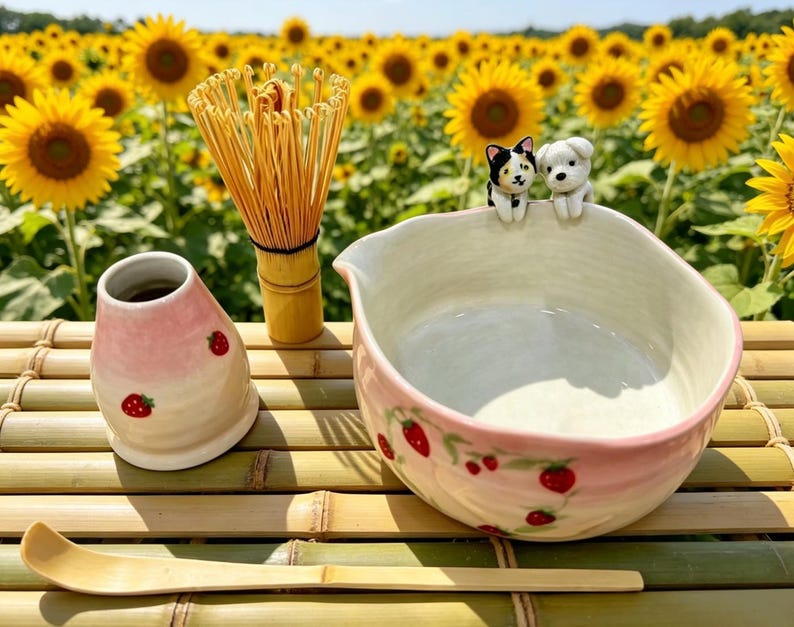 May include: A matcha tea set with a pink and white ceramic bowl decorated with strawberries, a bamboo whisk, a strawberry-decorated ceramic container, and a bamboo scoop. Two small figurines of a cat and a dog are perched on the bowl's rim. The set is on a bamboo surface.