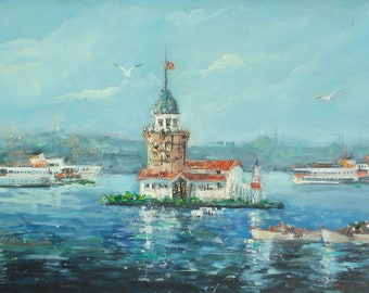 Large Istanbul Painting, Istanbul Maidens Tower Art, Large Painting of Maiden's Tower, Istanbul Turkey Painting, Turkey Art, Istanbul Canvas