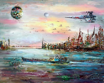 Sci-fi City with X-Wing Fighters, Landscape Canvas Print, Home Decor, Fan Art by Naci Caba
