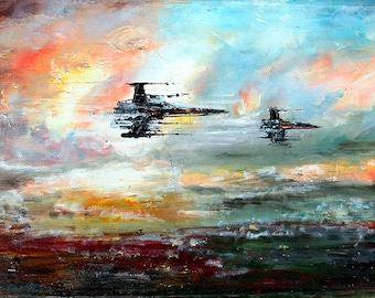 May include: Abstract painting of two black spaceships flying through a colorful sky with orange, yellow, blue, and white clouds. The sky is painted with thick brushstrokes and the spaceships are silhouetted against the clouds.